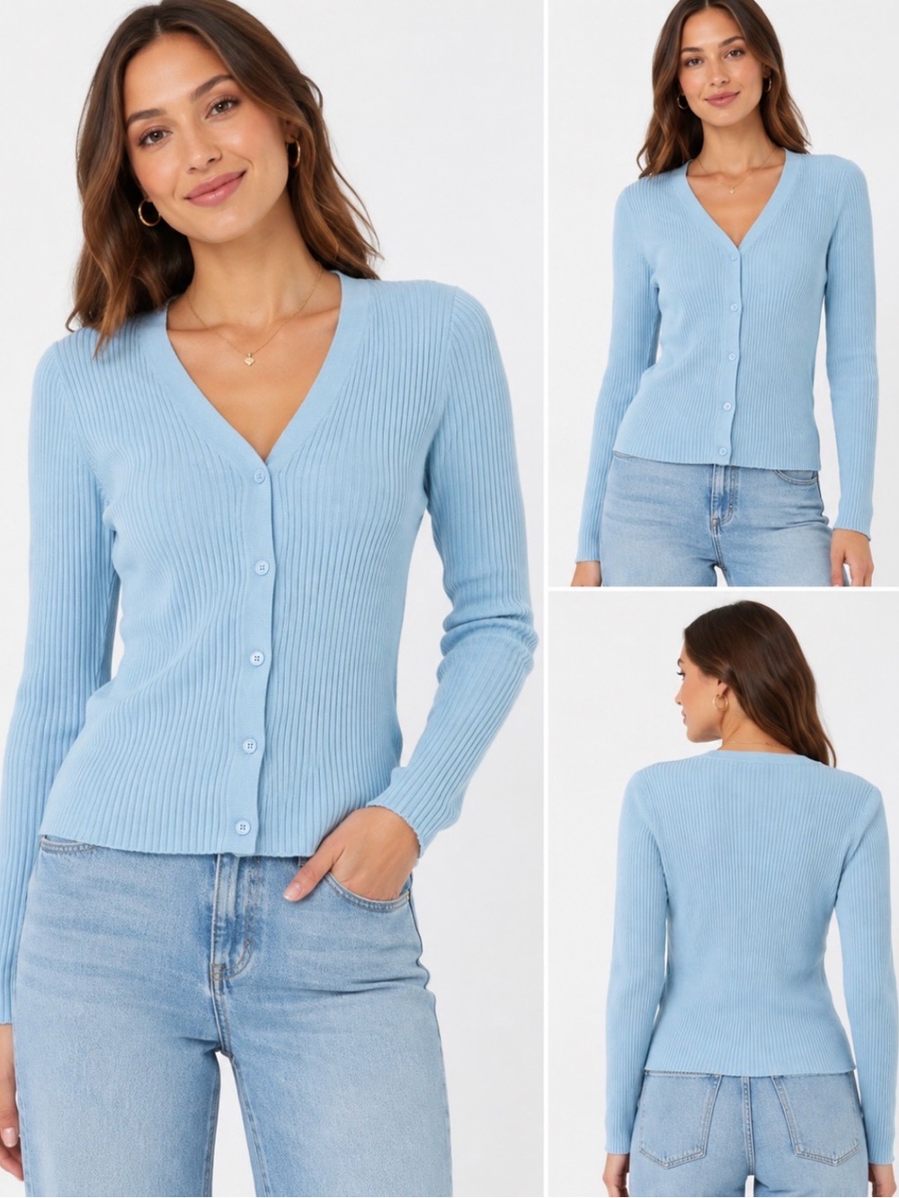 NWT Edited by Remi Bader Ribbed V-Neck Cardigan Light Blue L